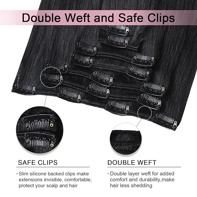 Pro2.0 Clip in Hair Extensions Real Human Hair 120g Thick 7pcs Color #1 Jet Black Remy Real Human Hair Extensions Clip ins 14inch Seamless Double Weft for Women（#1-14inch）