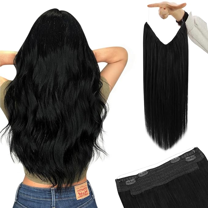 YoungSee Invisible Wire Hair Extensions Jet Black Human Hair Wire Extensions Black Fish Line Hair Extension Real Human Hair Easy to Wear 18inch 80g