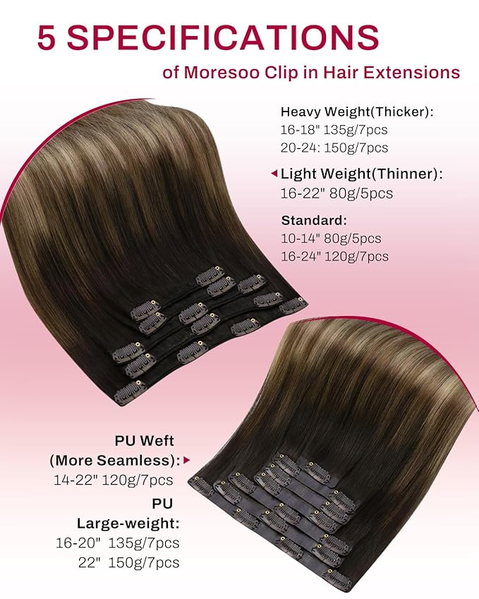 Moresoo Clip in Hair Extensions Dark Brown with Blonde Balayage Real Human Hair Clip in Extensions Dark to Golden Brown with Ash Blonde Long And Straight for Women Double Weft 80g/5pcs 20 inch