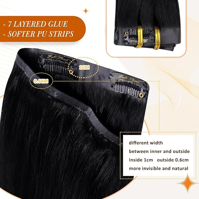 Full Shine Seamless Clip in Hair Extension Black Human Hair Clip in Extensions Jet Black PU Weft Clip in Human Hair Extensions Add Volume Natural Ends For Long Hair 20 Inch 8 PCS 120 G