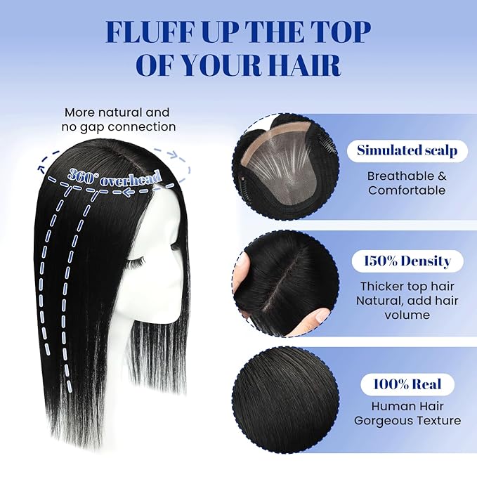 WORLDSTAR Hair Toppers for Women Real Human Hair No Bangs 6 * 7 Inch Base 14 Inch 65g #1 Jet Black with Hand-Tied Invisible with Thinning or Grey Roots (tp#1-14