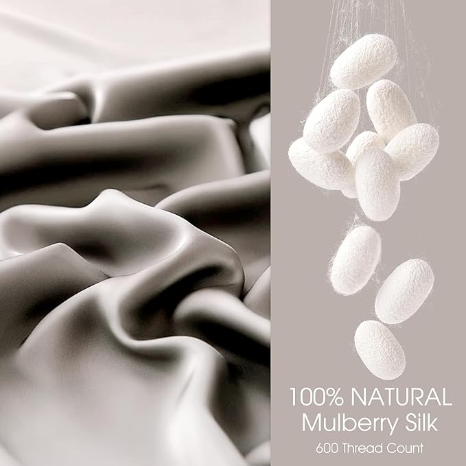 100% Silk Pillow Cases 2 Pack Standard Size Mulberry Silk Pillowcase for Hair and Skin Set of 2 Highest Grade 6A Silk Soft Breathable Cooling with Hidden Zipper, Grey