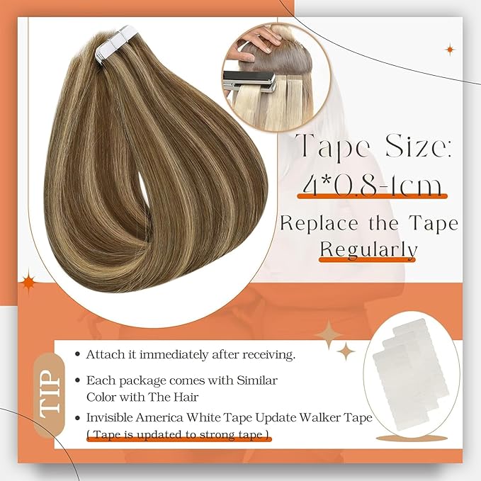 Full Shine Tape in Extensions Human Hair Tape in Real Hair Extensions 50 Gram 20 Pcs Glue in Hair Extensions 20 Inch Color 4 Medium Brown Highlight 27 Honey Blonde Seamless Hair Extension