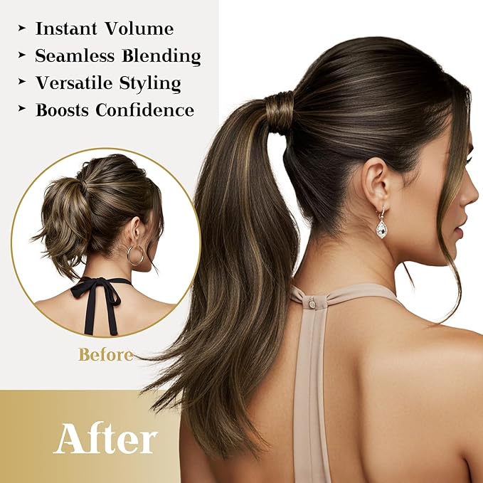 Ve Sunny Hair Extensions Ponytail Real Human Hair Wrap Around Clip in Ponytail Hair Extensions Straight Extensions Human Hair for Women Dark Brown Balayage Chestnut Brown 20inch 80G