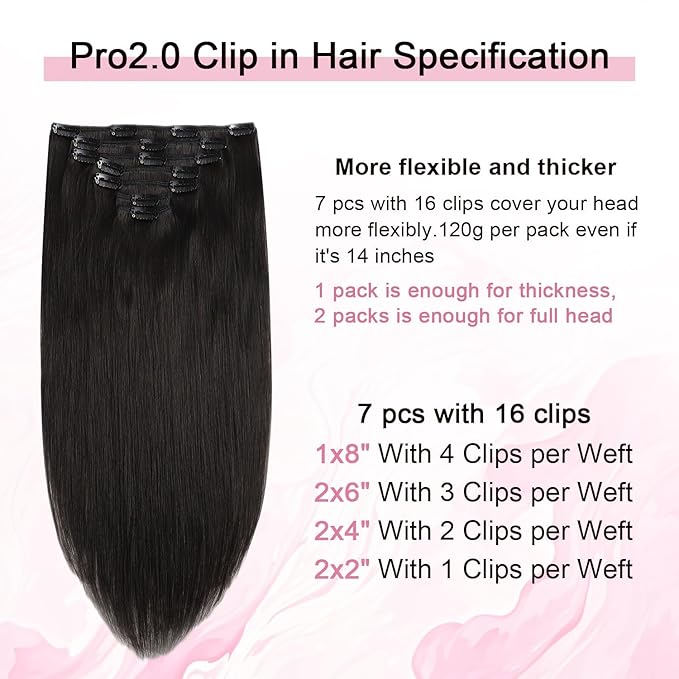 Pro2.0 Clip in Hair Extensions Real Human Hair 22inch 7pcs #1B Natural Black Remy Real Hair Extensions Clip in Human Hair 120g Thick Double Weft（#1B-22inch）