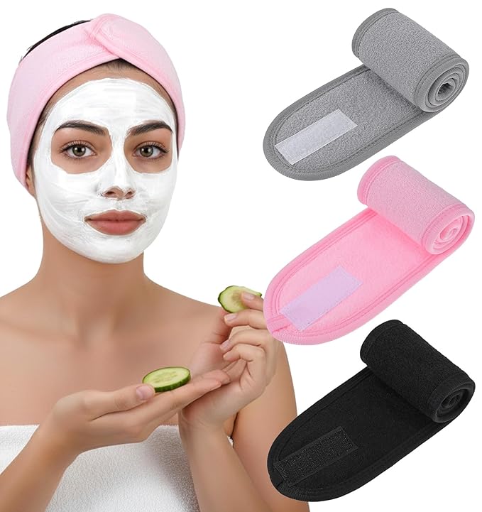3 Pack Terry Cloth Headband, Adjustable Esthetician Headbands for Women, Non-Slip Terry Cloth Headband for Facial, Makeup & Shower, Soft Stretchable Hair Band