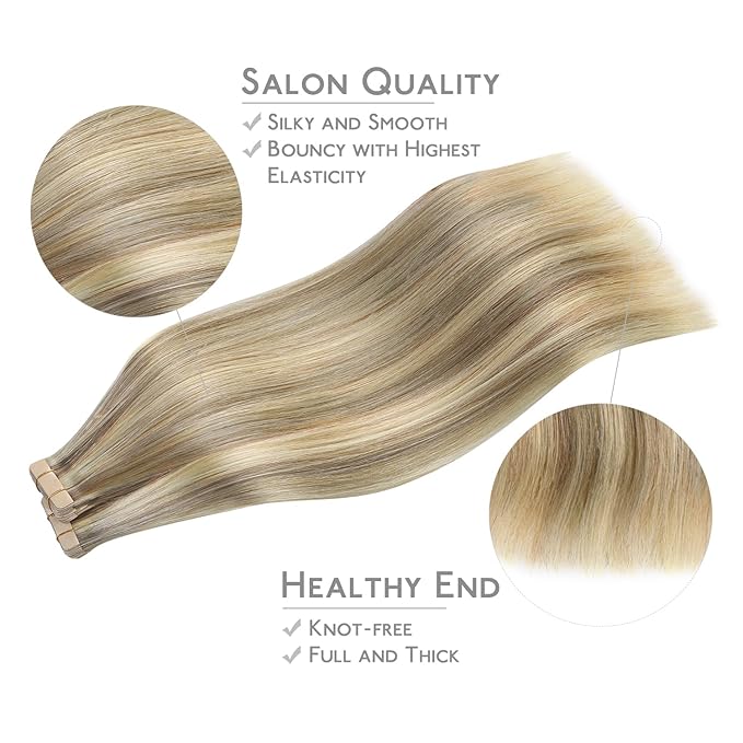 WENNALIFE Tape in Hair Extensions Human Hair, 40pcs 100g 22 inch Ash Brown with Platinum Blonde Highlights Hair Extensions Real Human Hair Straight Tape in Extensions Invisible Human Hair Extensions