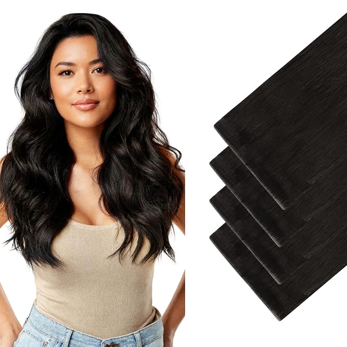 GOO GOO Invisi Edge Wide Tape in Hair Extensions, 1B Natural black,4pcs 20inch 20g, Remy Human Hair,Seamless Injected Tape, Natural Look