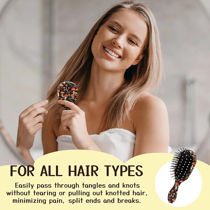 Mini Hair Brush,Cute Detangling Travel Hair Brush,Soft Bristles for Effortless Tangle Removal,Detangler Hairbrush for Women Men Boys Girls Kids Wet Dry All Hair Types (Red Mushrooms, Mini)