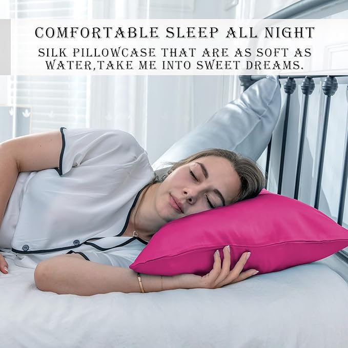 Silk Pillow Cases 2 Pack Soft Breathable and Sliky Standard Size Pillow Cases Set of 2,Natural Mulberry Satin Silk Pillowcase with Hidden Zipper for Hair and Skin (Hot Pink,20"X 26",2pcs)