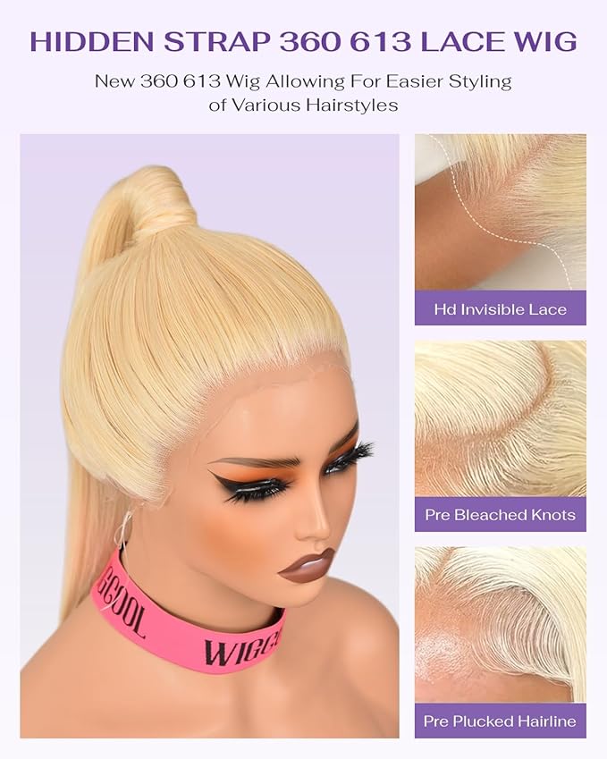 Hidden Strap Straight 360 613 Lace Front Wigs Human Hair Invisible Strap Pre Plucked 180% Density SALON-Quality Blonde Wig with Drawstring Glueless Wigs HD Full Lace Human Hair Wigs 28inch