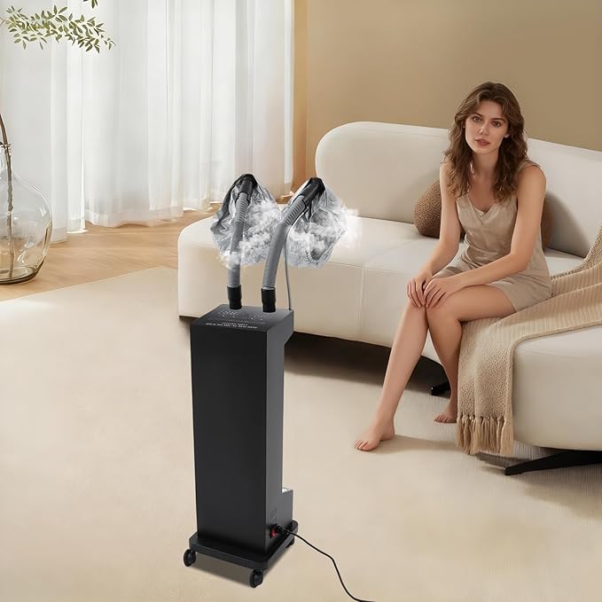 Professional Double-Barreled Hair Steamer with LED Display, 650W Vertical Micro Mist Hair Color Processor for SPA, Salon & Home, Hair Care Machine with Wheels, 5 Modes (Black)