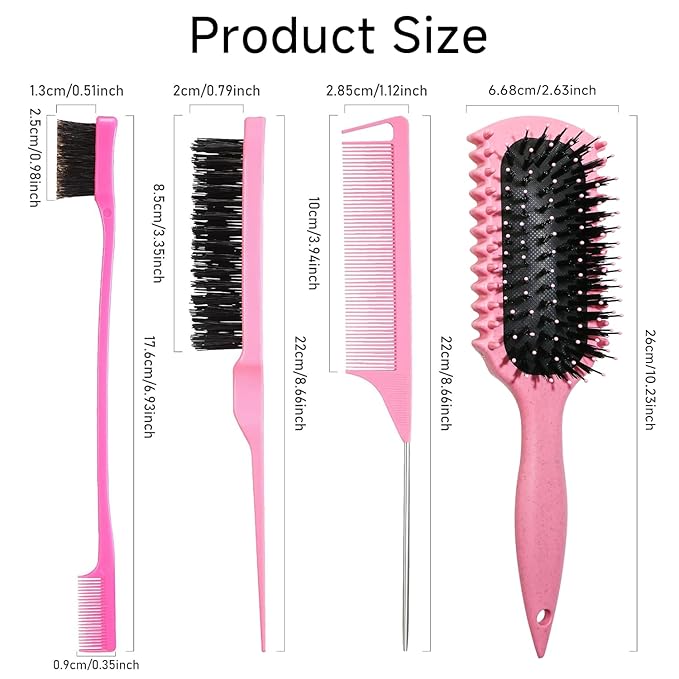 Curl Defining Brush, Curly Hair Brush Products With 3 Pcs Slick Back Hair Brush Set Bristle Brush Edge Control Teasing Comb for women (Beige)