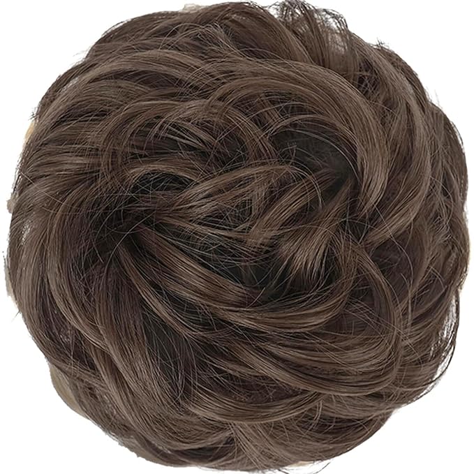 FESHFEN Messy Bun Hair Piece - Large Elastic Wavy Curly Hair Bun Scrunchies Ponytail Extensions Synthetic Chignon Hairpieces for Women, Medium Chestnut Brown 1.94oz