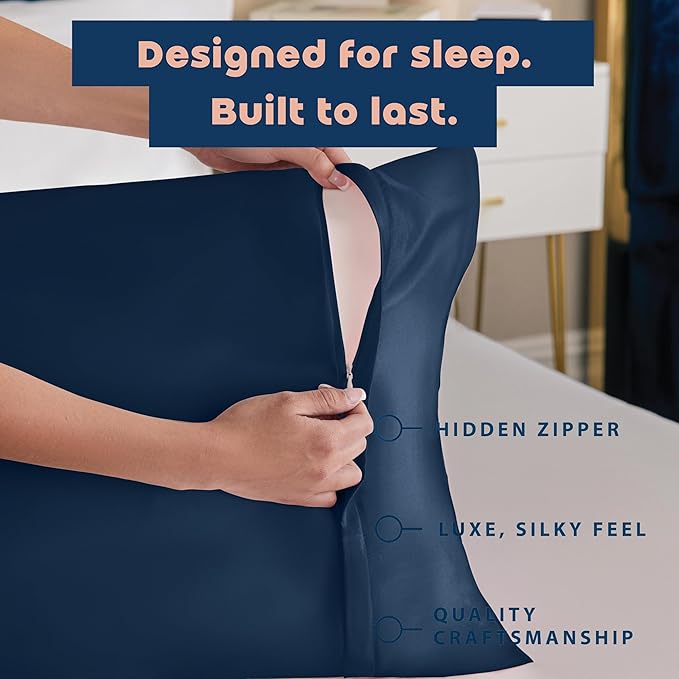 BLISSFORD Satin Pillowcase with Zipper, for Hair and Skin Care, Feels Soft and Cool Like a Silk Pillowcase, Satin Pillow Cases 2 Pack, Slik Pillow Cover, Navy - Standard Size, Set of 2