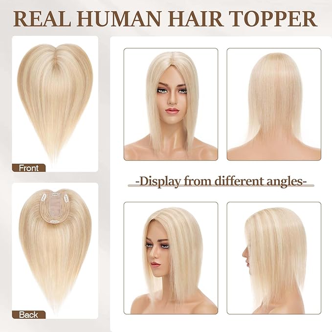 Rich Choices Hair Toppers for Women Real Human Hair 100% Human Remy Toppers NO Bangs with Thinning on Top Clip in Hairpiece 4"x4.7"Lace Base 14 Inch #18P613 Ash Blonde Highlights Bleach Blonde