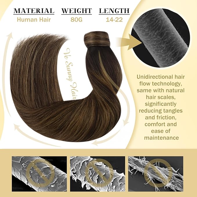 Ve Sunny Hair Extensions Ponytail Real Human Hair Wrap Around Clip in Ponytail Hair Extensions Straight Extensions Human Hair for Women Dark Brown Balayage Chestnut Brown 18inch 80G