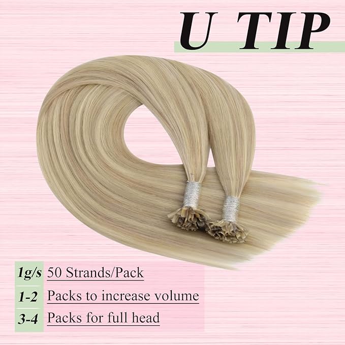 YoungSee U Tip Hair Extensions Human Hair Blonde Utip Hair Extensions Ash Blonde with Bleach Blond Keratin Hair Extension Real Human Hair Highlight U Tips Hair Extension Ktip Extension 18In 1G/S 50G