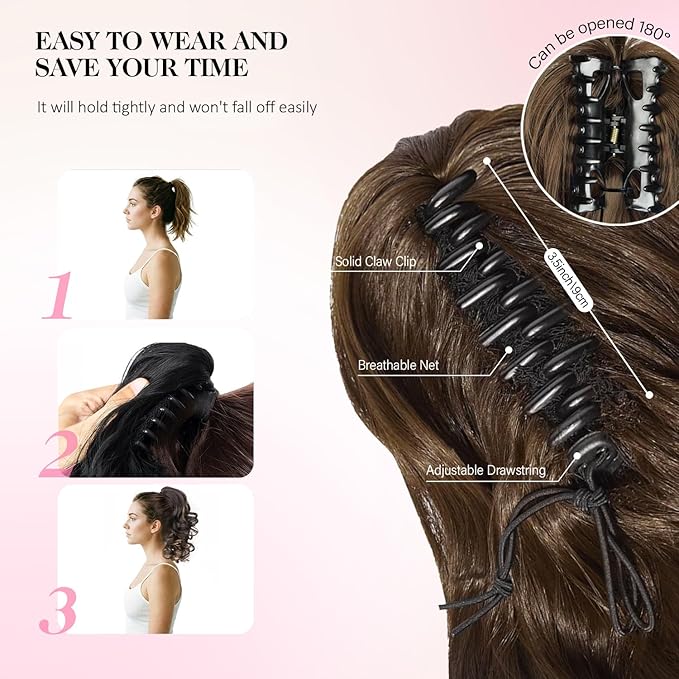 Claw Clip Ponytail Extension - 12 Inch Curly Ponytail Extension, Wavy Pony Tails Hair Extensions, Synthetic Hair Extensions Ponytail, Clip On Ponytails for Women (Color: Brown with Blonde Highlights)