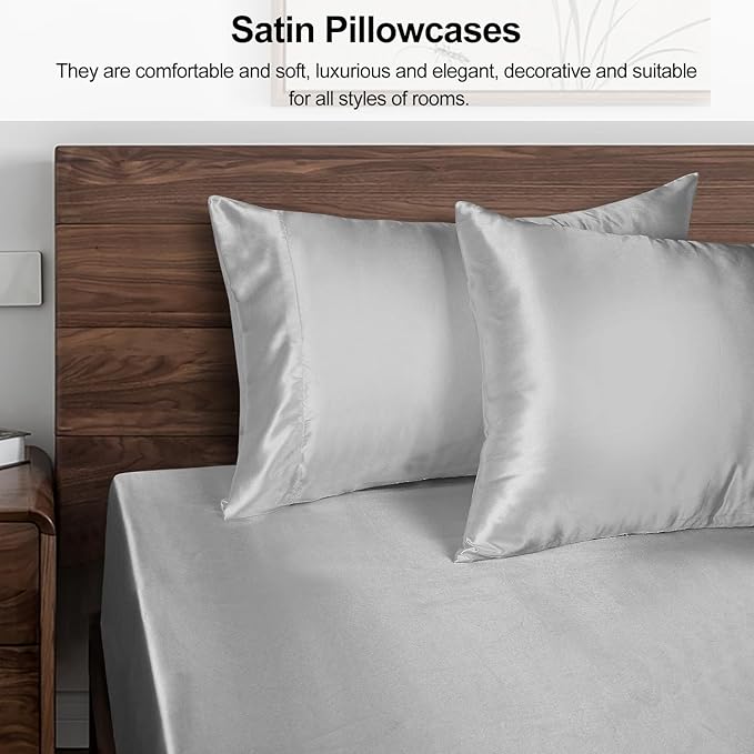 Lirex Satin Pillowcase 2-Pack, Queen Size Satin Pillowcase Soft Solid Color Microfiber, Wrinkle Free Fade Resistant Breathable, Light Gray