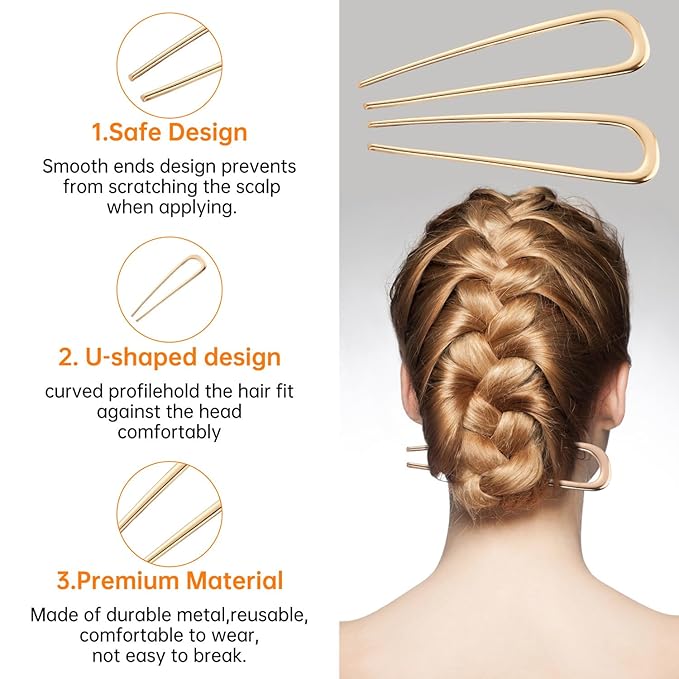 BEoffer French Hair Pin 3PCS Metal Hair Pins for Women Elegant French Twists, Buns and Updos with No Hair Damage, U-shaped French Pin Great Hold and Comfortable Keeps Hair in Place (Black)