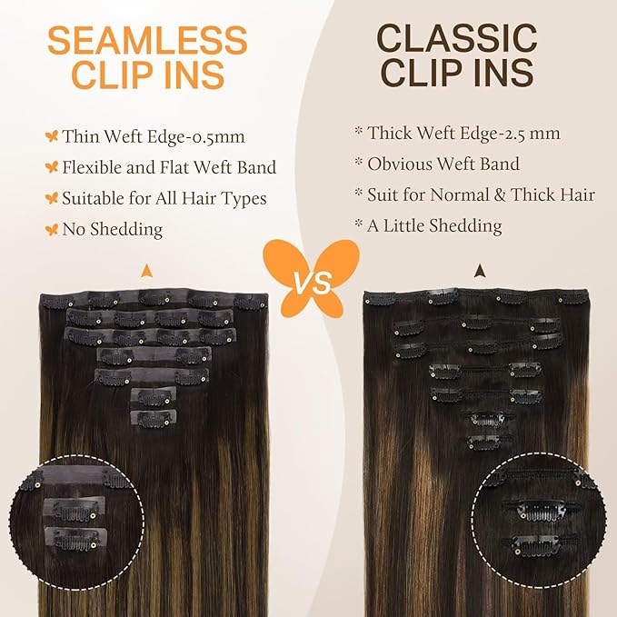 DOORES Seamless Clip in Human Hair Extensions - Dark Brown to Chestnut Brown, 7pcs 110g 20 Inch, Invisi Edge Remy Natural Straight