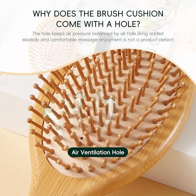 Bamboo Hair Brush and Comb Set, Massage Scalp Detangling Hairbrush for Hair Growth, Bakelite Durable Anti Static Wide-Tooth Comb & Rat Tail Comb for Women, Men, Kid