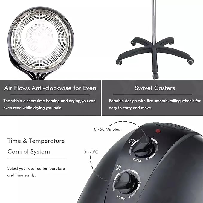 Black,A,Wall Mounted Hair Dryer,Fast Hair Drying Low Noise,Timer 0-60 Min,Steamer Hat Deep Conditioning Heat Steaming Salon Equipment Hooded Machine Used in Hair Processor