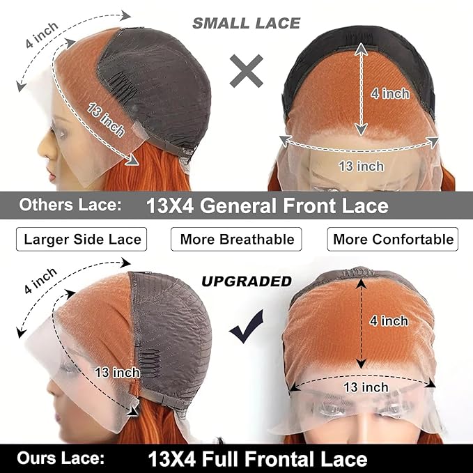 250% Density Ginger Bob Lace Front Wig Human Hair 13x4 Orange HD Lace Closure Human Hair Wig Pre Plucked with Baby Hair Short Ginger Straight Bob Colored Wig for Women 12 Inch