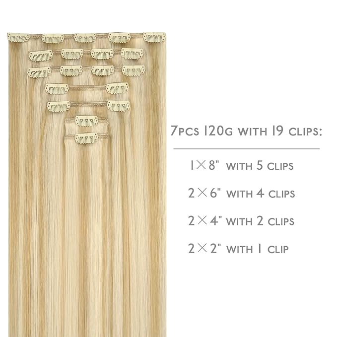 WENNALIFE Clip in Hair Extensions Real Human Hair, 12 Inch 80g 7pcs Remy Hair, Light Blonde Highlighted Golden Blonde Straight Natural Extensiones De Cabello Humano Con Clip Ins