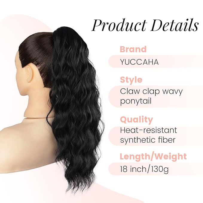 Ponytail Extension, 18 Inch Claw Clip Ponytail Extensions Curly Wavy Ponytail Hair Extension Jaw Clip on Pony Tails Hairpiece for Women Fluffy Natural Synthetic for Daily Use (Light Black)