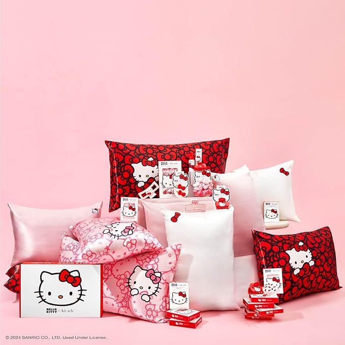 Kitsch x Hello Kitty Pillow Case – Sea of Bows Toddler Bed Time Satin Pillowcase with Zipper – Soft Cooling Pillow Cover for Hair & Skin – Better Than Silk Pillowcase – King Size 19x36