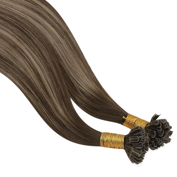 YoungSee Utip Hair Extensions Human Hair Highlight U Tip Hair Extensions Human Hair Brown with Blonde Ktip Hair Extension Real Hair Brown U-Tips Hair Extension 18In 1G/S 50G