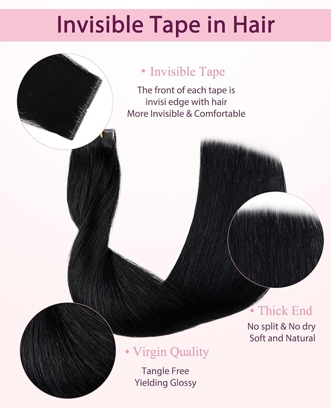 Pinkpearl Invisible Tape in Hair Extensions Human Hair, 20pcs 16inch 45g #1 Jet Black Injection Tape in Extensions Real Remy Straight Seamless Silky Human Hair Injected