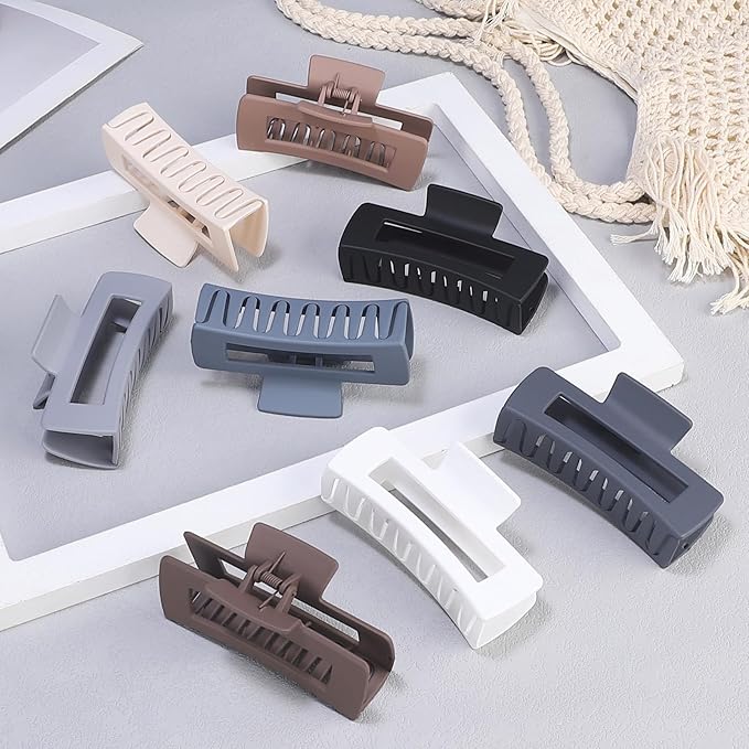 4.1 Inch Large Hair Clips 8 Pcs Square Claw Clips for Thick Hair Big Hair Claw Clips Acrylic Banana Jaw Clips Hair Accessories for Women and Girls -Grey Brown