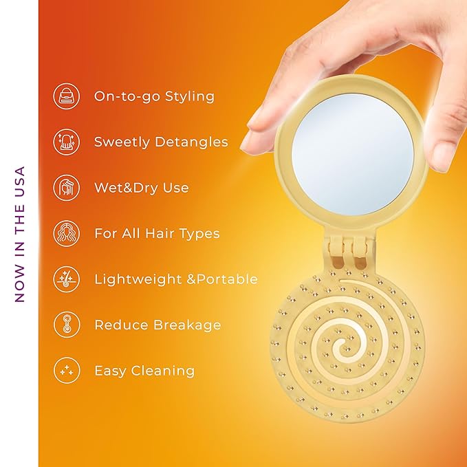 Mini Detangler Travel Hair Brush with Mirror, Makaron Hair Brushes for Women, Men and Kids, Unique 3D Flexible Design for All Hair Types, Styling Accessory, Travel Essentials for Women (POPULARYELLOW)
