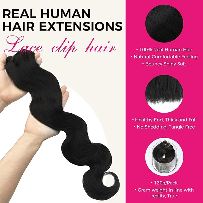 Lashey Body Wave Clip in Hair Extensions for Women 26 Inch 7pcs 120g Natural Black Clip in Hair Extensions with Lace Weft Long Remy Human Hair Extensions