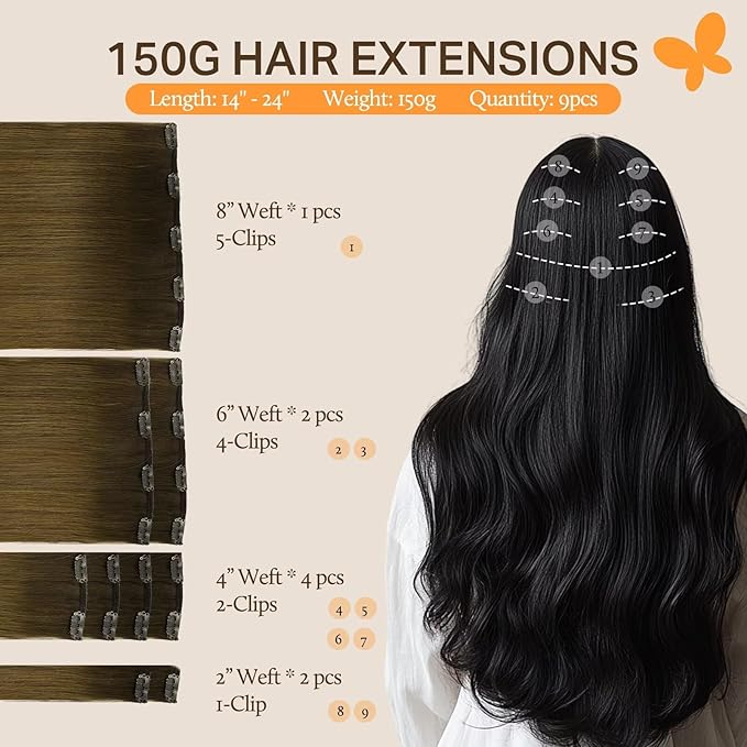 DOORES Clip in Hair Extensions, Chocolate Dip Color Melt 24 Inch 150g 9pcs, Remy Hair Extensions, Human Hair, Natural Straight Thick