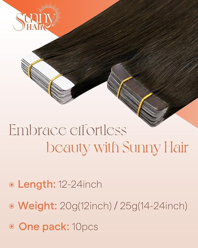 Sunny Hair Tape in Hair Extensions Real Human Hair Invisible Remy Hair Extensions Tape ins for Women Dark Brown 20 inch 25G