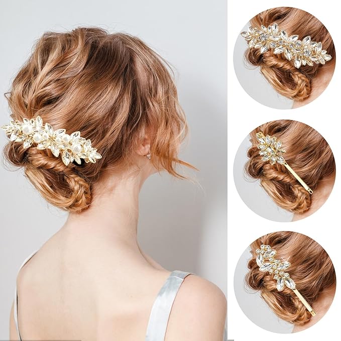 4 Pieces Rhinestone Bridal Hair Clip,Crystal Hair Clips, Rhinestone Jewelry Barrette vintage hair accessories pearl hair clips hair accessories for women wedding Golden leaves Golden/Silver pearls