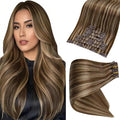 Full Shine Clip in Human Hair Extensions 18 Inch Dark Brown with Caramel Blonde Highlights Seamless Clip ins for Women Remy Natural Hair Thick Ends 8 PCS 120G