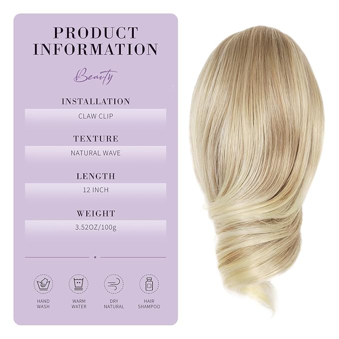 Claw Clip Ponytail Extension - 12 Inch Soft Curly Pony Tails Hair Extensions, Synthetic Hair Extensions Ponytail, Clip in Ponytail (Color: Medium Blonde With Bleach Blonde Ends)