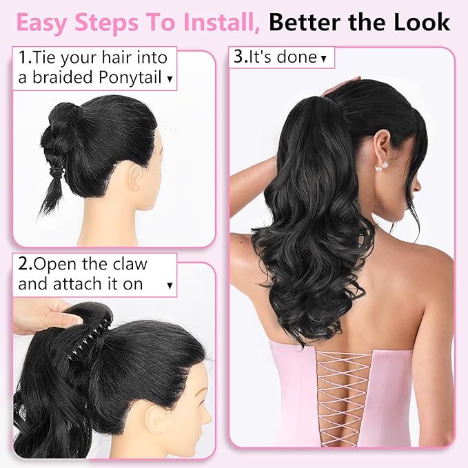 ALXNAN Ponytail Extension,18 Inch Claw Clip in Long Curly Wavy Black Ponytail Hair Extension Jaw Clip on Pony Tails Hairpiece for Women