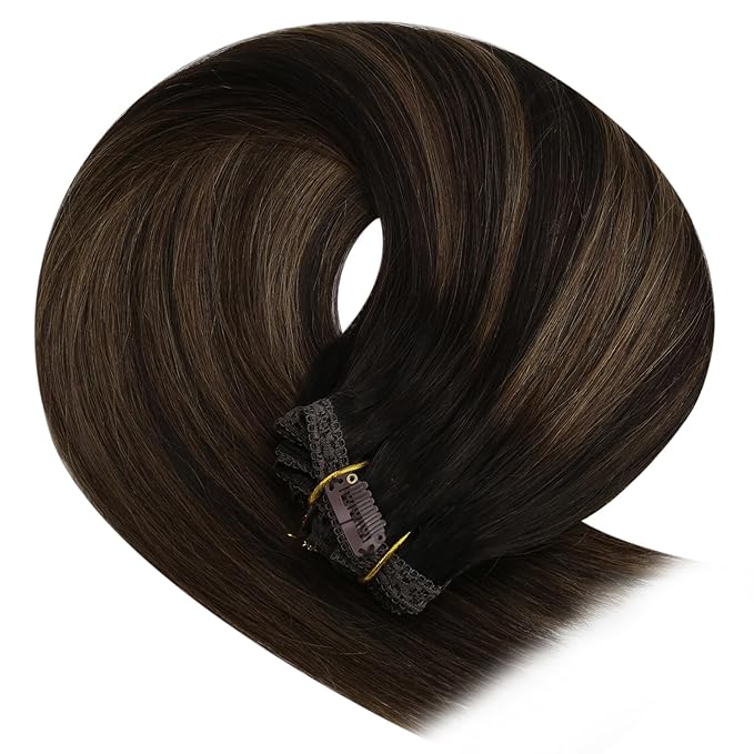 YoungSee Clip in Human Hair Extensions Brown Real Human Hair Extensions Clip ins Dark Mix Medium Brown Balayage Long Straight Clip in Extensions Real Human Hair 120G 22Inch 7Pcs