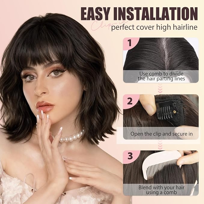 Clip in Bangs, Synthetic French Bangs Hair Clip, Bleach Blonde Fake Bangs Fringe with Temples Hairpieces for Women Natural Curved Hair Extensions for Daily Wear