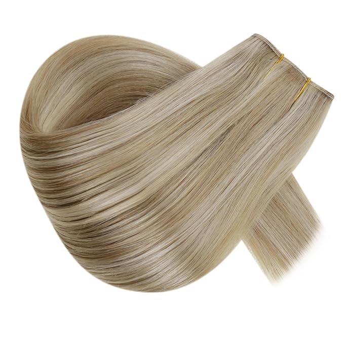 RUNATURE Wire Human Hair Extensions, Secret Wire Hair Extensions, Real Human Hairpieces with Transparent Wire, 14 Inch 70g #16P22 Dark Ash Blonde Highlight Light Blonde