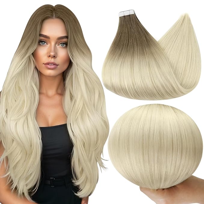 Full Shine Tape in Hair Extensions Color 8 Ash Brown Fading To 60 Blonde Invisible Tape In Hair Extensions Human Hair 14 Inch Brazilian Hair Tape In Extensions 20 Pcs 50G Soft Remy for Party