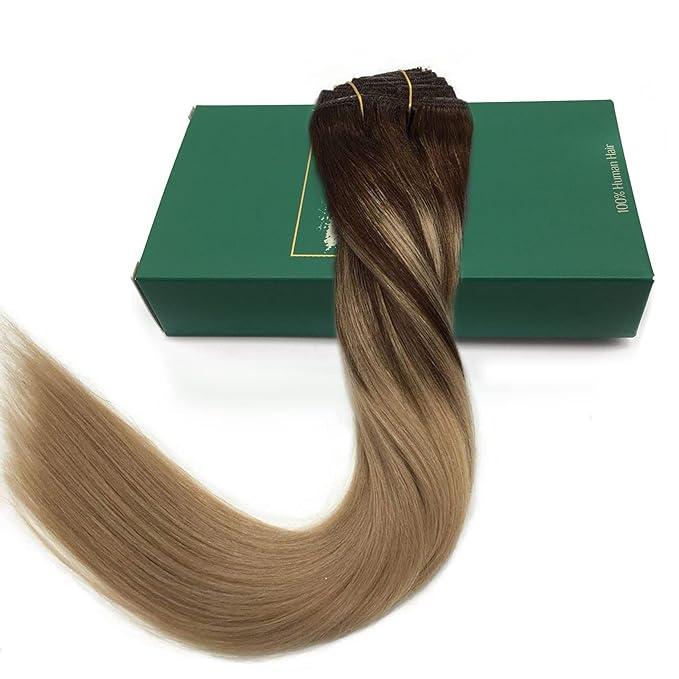 GOO GOO Clip in Hair Extensions Real Human Hair, Remy Human Hair Extensions Clip ins for Women, Natural Human Hair, 14inch 120g 7Pcs, 4/18 Balayage Chocolate Brown Highlighted Dirty Blonde