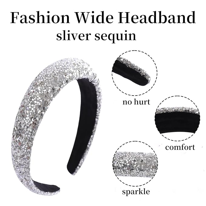 Sliver Sparkle Headband for Women Fashion Wide Headband Glitter Sequin Headbands Comfortable High Elastic Head Band Hair Hoop Hair Accessories for Womens