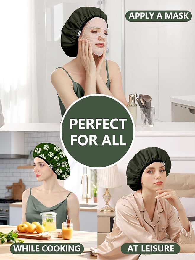Years Calm Shower Caps For Women Reusable Waterproof，Pattern And Solid Color Dual-Layer Design For Dual-Layer Usable，Protects Hair In Shower, Spa, Cooking, Clean & Travel (Green, Extra Large)